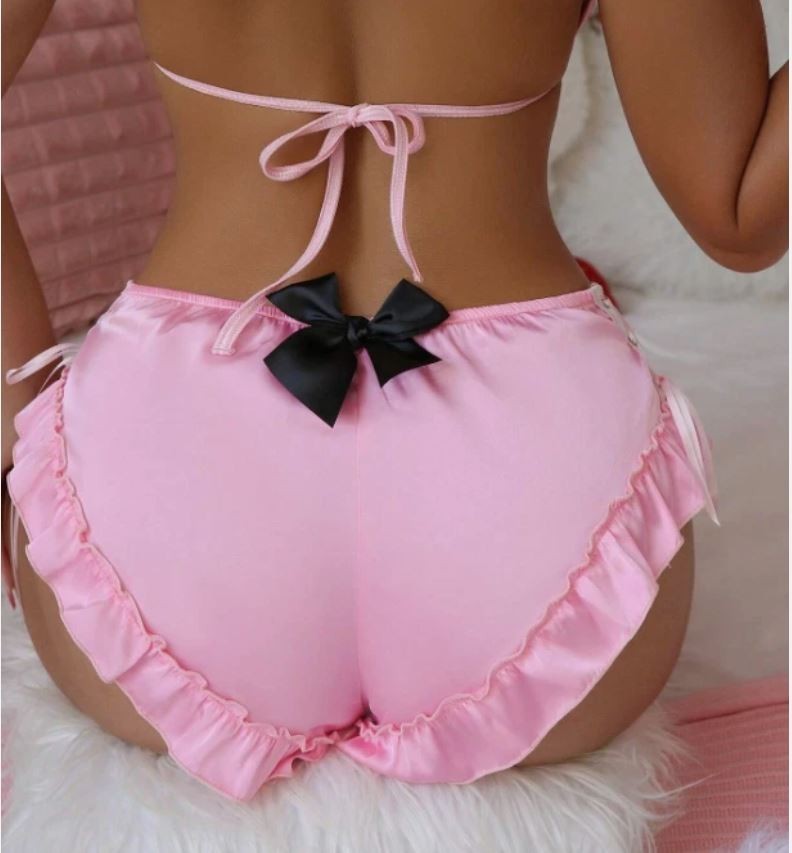 ✨ Silky Pink Satin Frilly knickers Bows Soft Flirty & Comfortable 🎀size S 8