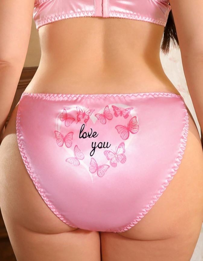 🌸Ladies Pink Satin Butterfly Knickers Love You Print tanga style size XL 16-18