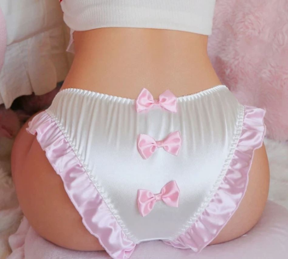 🎀 Satin Frilly Knickers with Bows White & Pink Cute & Feminine 💕size M 10-12