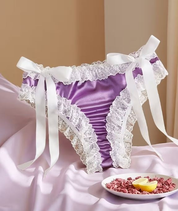 💜 Purple Satin Lace frilly trim Knickers Bow Tie Side panties sissy size S 8 💜