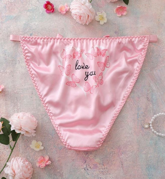 🌸Ladies Pink Satin Butterfly Knickers Love You Print tanga style size XL 16-18