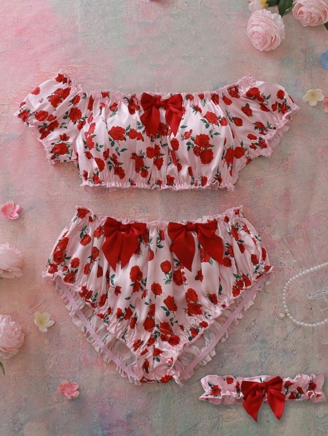 🌹 Sexy Rose Print Lingerie Set Off-Shoulder Crop Top / panties Garter size S 8