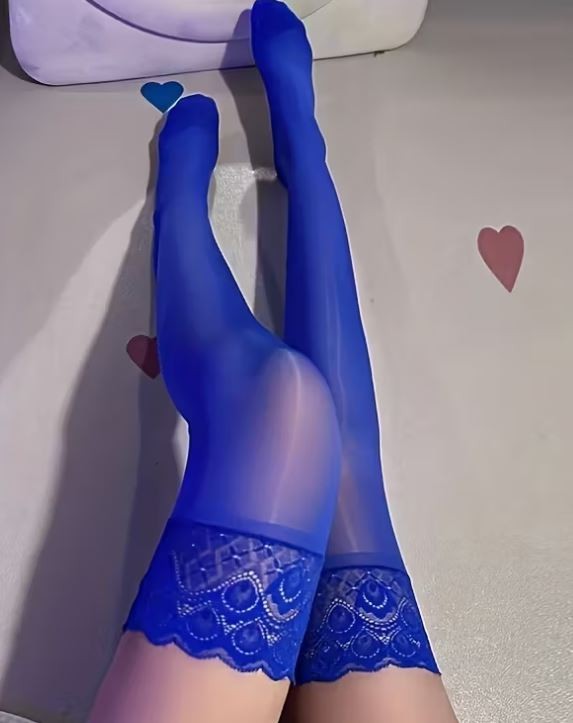 💙✨ Blue Thigh High Stockings Sheer Lace Top Hold Ups ✨💙non slippery oil shine