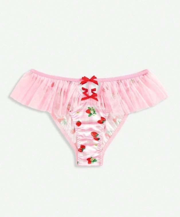 🍓Strawberry Frill Knickers Sheer Mesh Ruffle Panties with Bow Detail 🍓size S 8