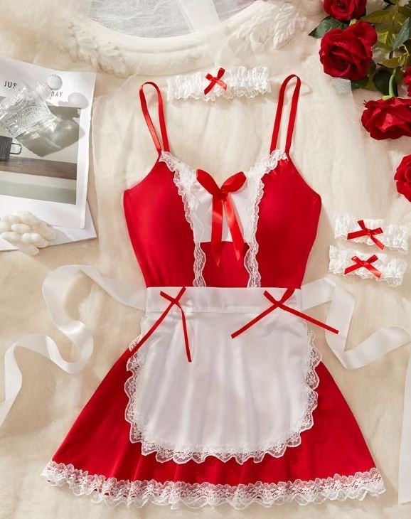 Plus Size 20 Sexy Red Maid Lingerie Set Apron Dress Lace Bow Outfit 2XL cosplay