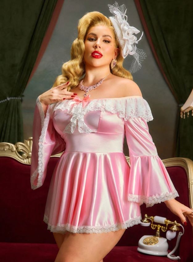 Pink Satin Lace Babydoll Nightie Off Shoulder Flare Sleeve cosplay Size 3XL 22