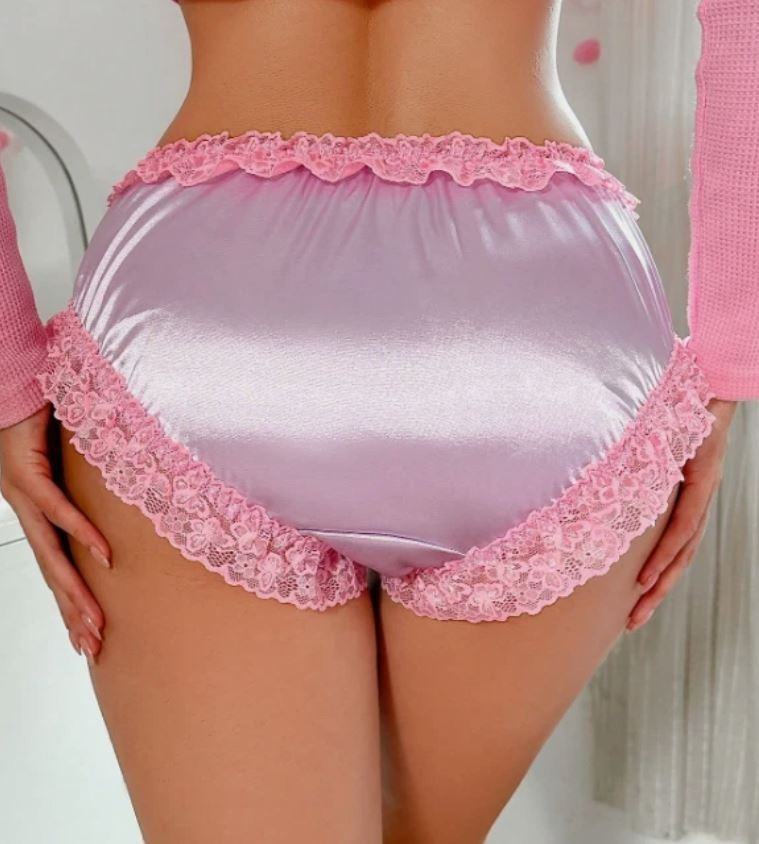 💖 Pink Lilac Satin Lace Frilly panties Bow Detail silky knickers size M 10 💖