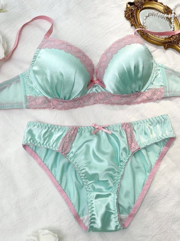 Women’s Mint Green Satin Bra & Knickers Set Pink Lace Trim Lingerie size M 10