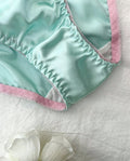 Women’s Mint Green Satin Bra & Knickers Set Pink Lace Trim Lingerie size M 10