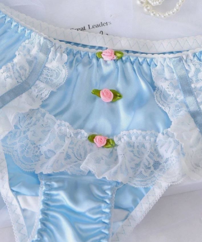 🎀💗Blue Satin Frilly Knickers White Lace Trim Cute Feminine Briefs💕 size S 8
