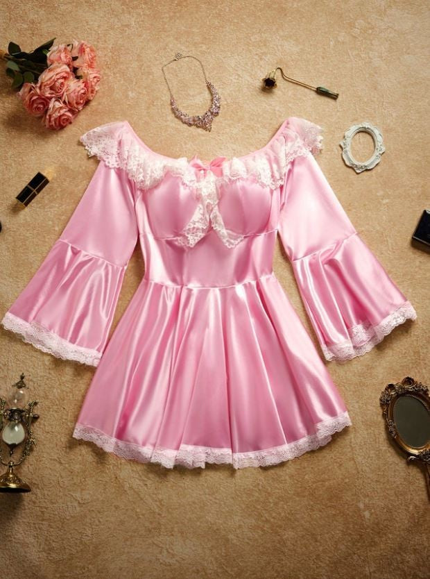 Pink Satin Lace Babydoll Nightie Off Shoulder Flare Sleeve cosplay Size 3XL 22