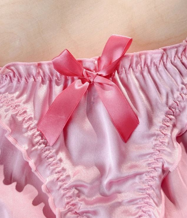 🎀Sexy Pink Satin Frilly Panties Bow Kawaii Lingerie Knickers silky size S UK 8