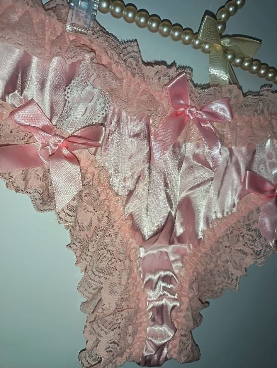 🎀 Pink Satin Lace Frilly Knickers with Bows soft silky feel sissy size S 8 🎀