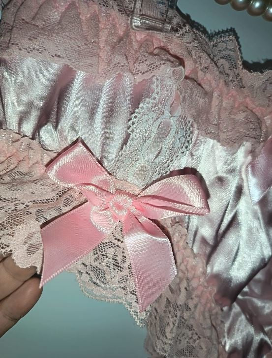 🎀 Pink Satin Lace Frilly Knickers with Bows soft silky feel sissy size S 8 🎀