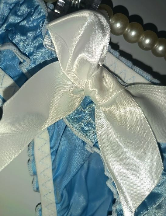 💙 Women Blue Bikini Briefs silky satin white Ribbon Detail sissy size L 12-14
