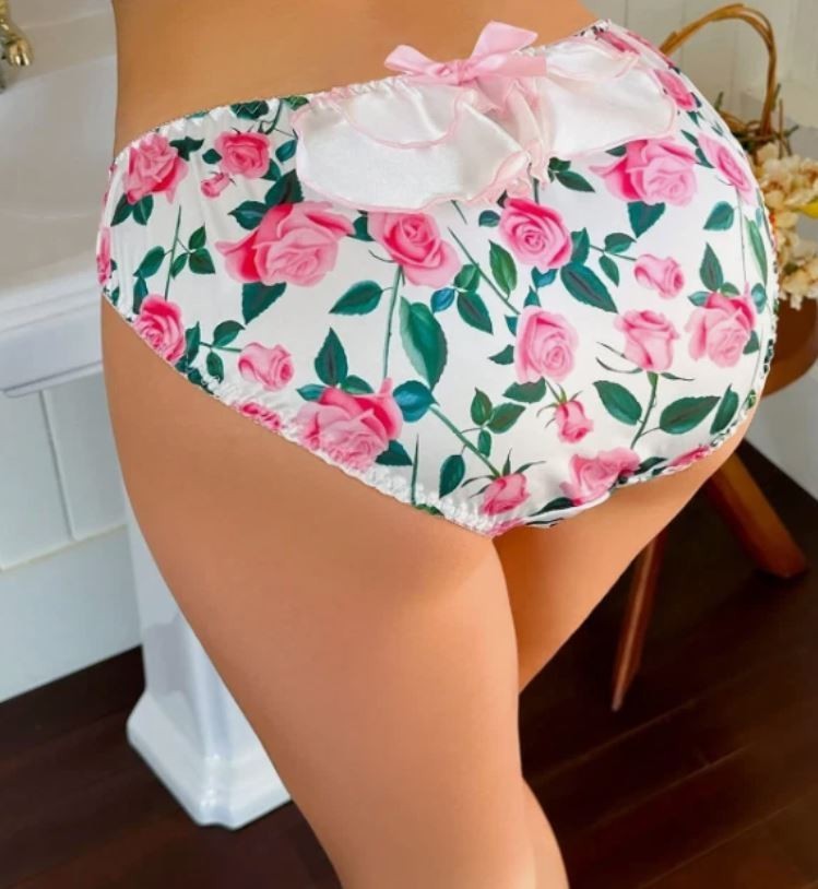 🌸 White Pink Rose Print Satin Knickers 🎀 Bow Back Frill silky feel size M 10