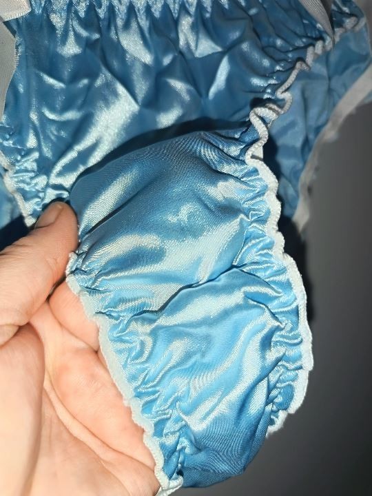 💙 Women Blue Bikini Briefs silky satin white Ribbon Bow Detail sissy size M 10