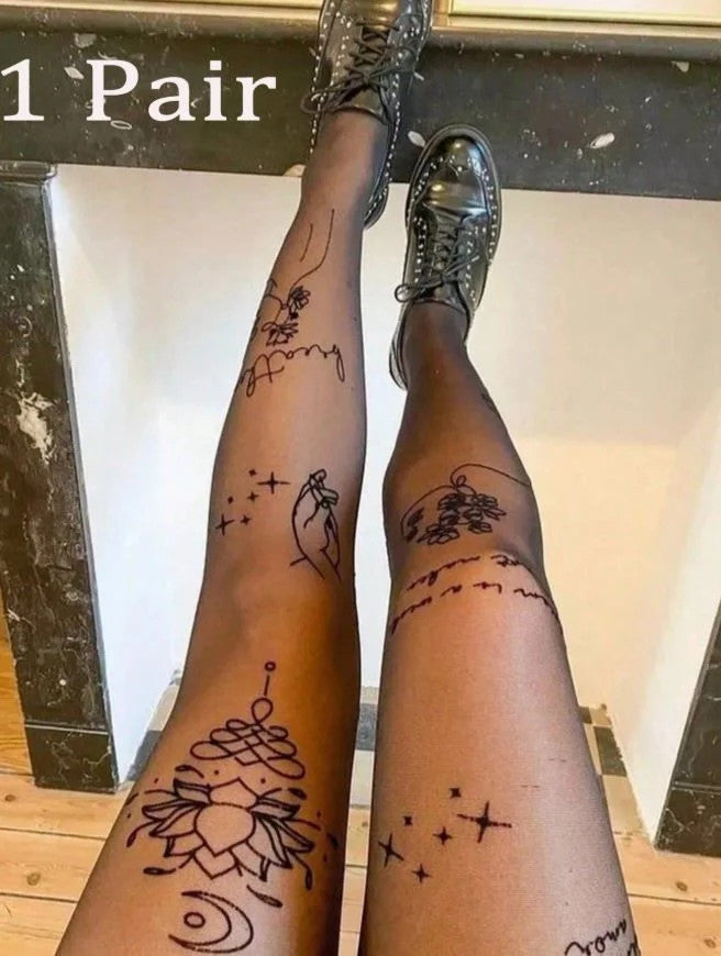 Ultra-Thin Black fake tattoo floral Print Lotus Sexy tights size L-XXL