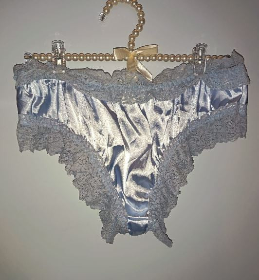 💙 Blue Satin Lace Frilly Knickers with Bows soft silky feel sissy size S 8 🎀