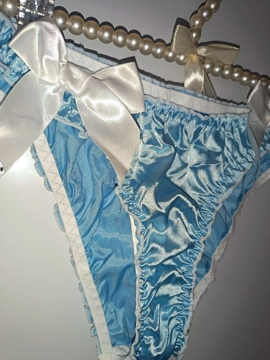 💙 Women Blue Bikini Briefs silky satin white Ribbon Bow Detail sissy size S / 8