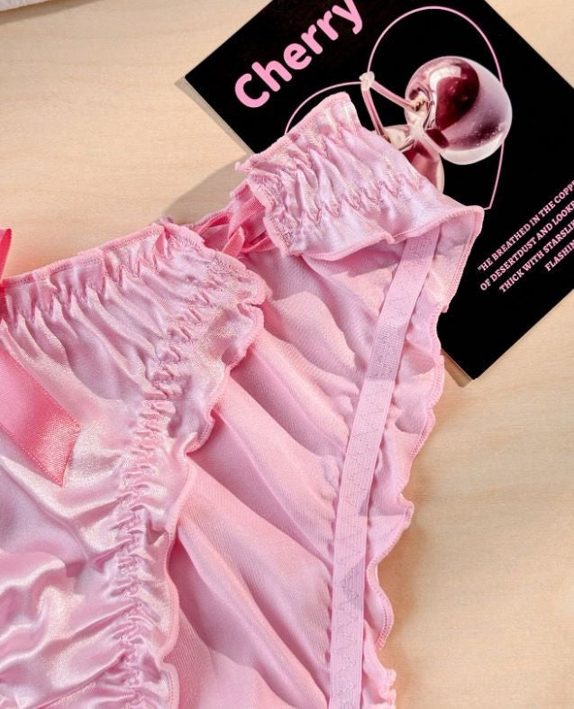 🎀Sexy Pink Satin Frilly Panties Bow Kawaii Lingerie Knickers silky size S UK 8