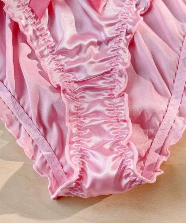 🎀Sexy Pink Satin Frilly Panties Bow Kawaii Lingerie Knickers silky size S UK 8