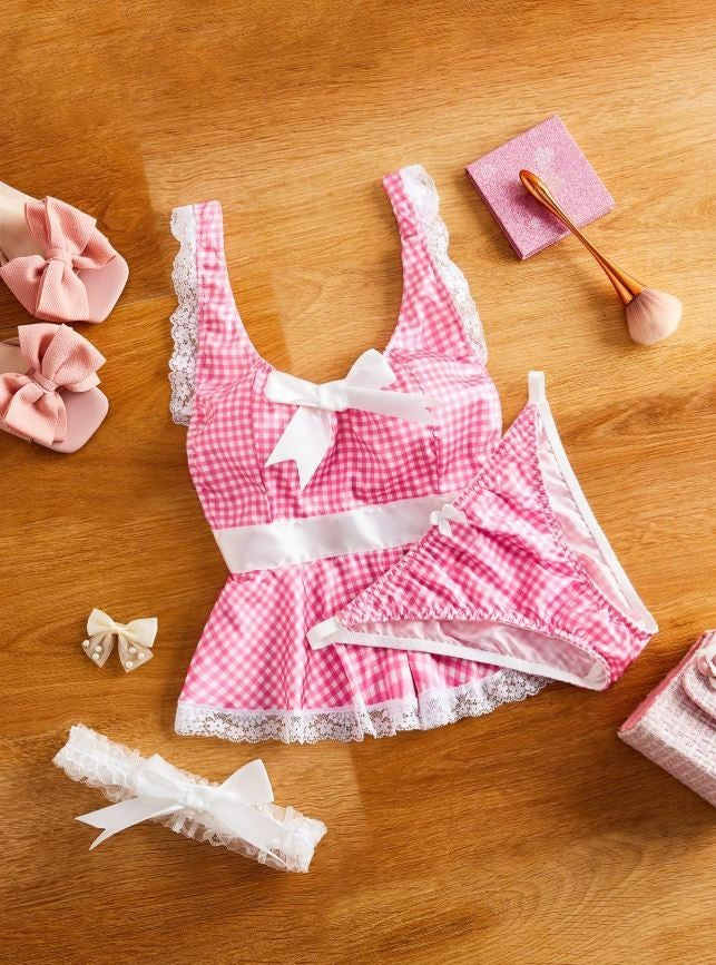 Pink Gingham silky satin Lace Lingerie Set Peplum Babydoll sissy Size M UK 10 🎀