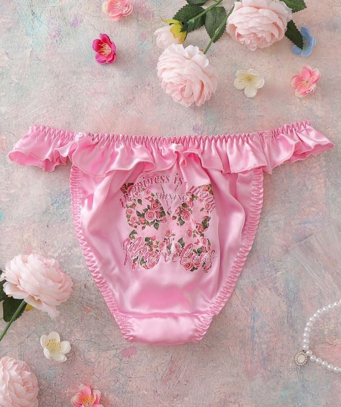Pink Satin Frilly Knickers Floral butterfly Print silky Briefs Size XL UK 16-18