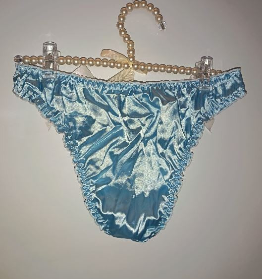 💙 Women Blue Bikini Briefs silky satin white Ribbon Bow Detail sissy size S / 8