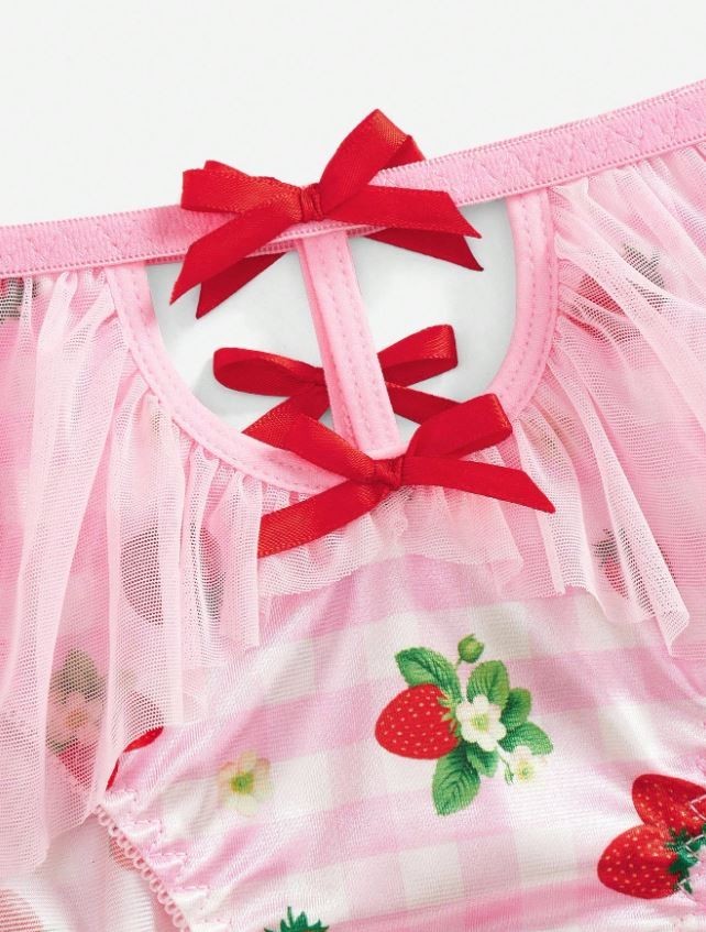 🍓Strawberry Frill Knickers Sheer Mesh Ruffle Panties Bow Detail size L 12-14