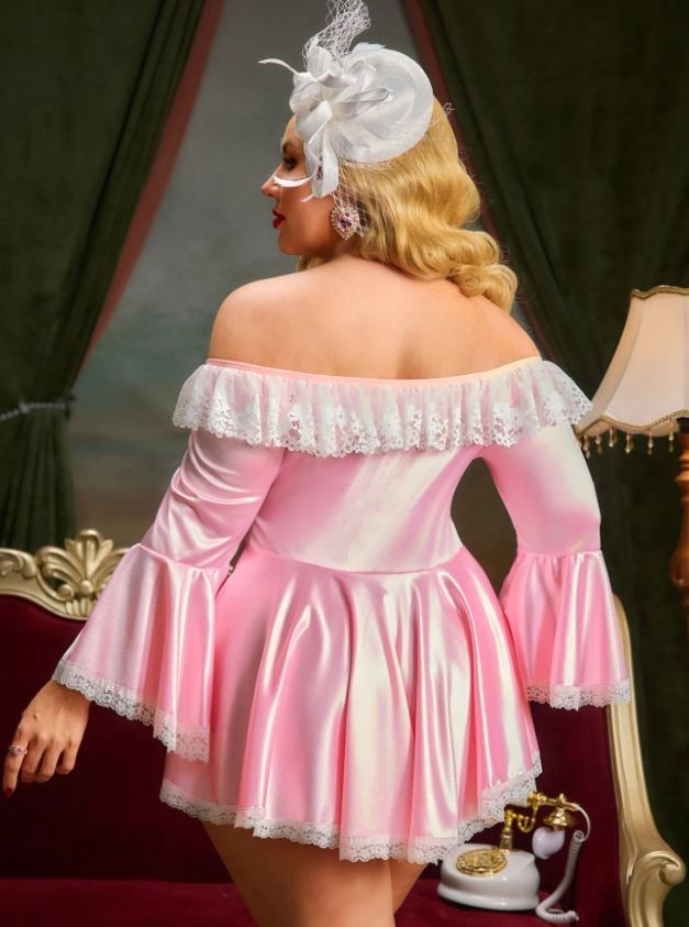 Pink Satin Lace Babydoll Nightie Off Shoulder Flare Sleeve cosplay Size XL 16-18