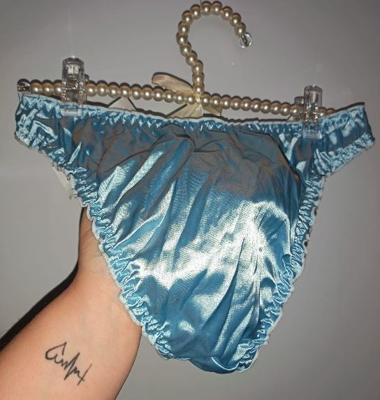 💙 Women Blue Bikini Briefs silky satin white Ribbon Bow Detail sissy size M 10