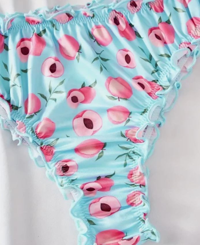 🍑 Peach Print Frilly soft satin Knickers Blue Ruffle silky panties size L 12-14