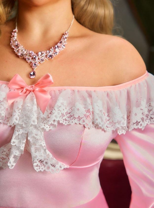 Pink Satin Lace Babydoll Nightie Off Shoulder Flare Sleeve cosplay Size 2XL 20