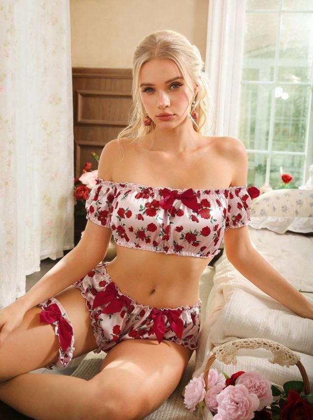 🌹 Sexy Rose Print Lingerie Set Off-Shoulder Crop Top / panties Garter size M 10