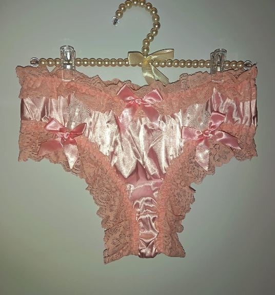 🎀 Pink Satin Lace Frilly Knickers with Bows soft silky feel sissy size S 8 🎀
