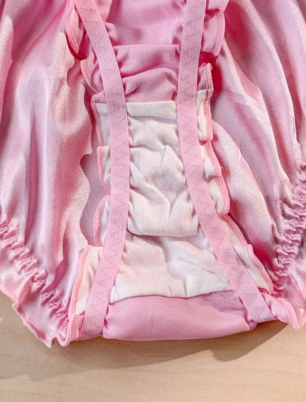 🎀Sexy Pink Satin Frilly Panties Bow Kawaii Lingerie Knickers silky size M UK 10