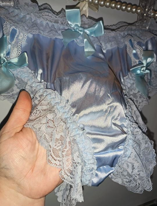 💙 Blue Satin Lace Frilly Knickers with Bows soft silky feel sissy size M 10 🎀
