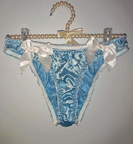 💙 Women Blue Bikini Briefs silky satin white Ribbon Bow Detail sissy size M 10