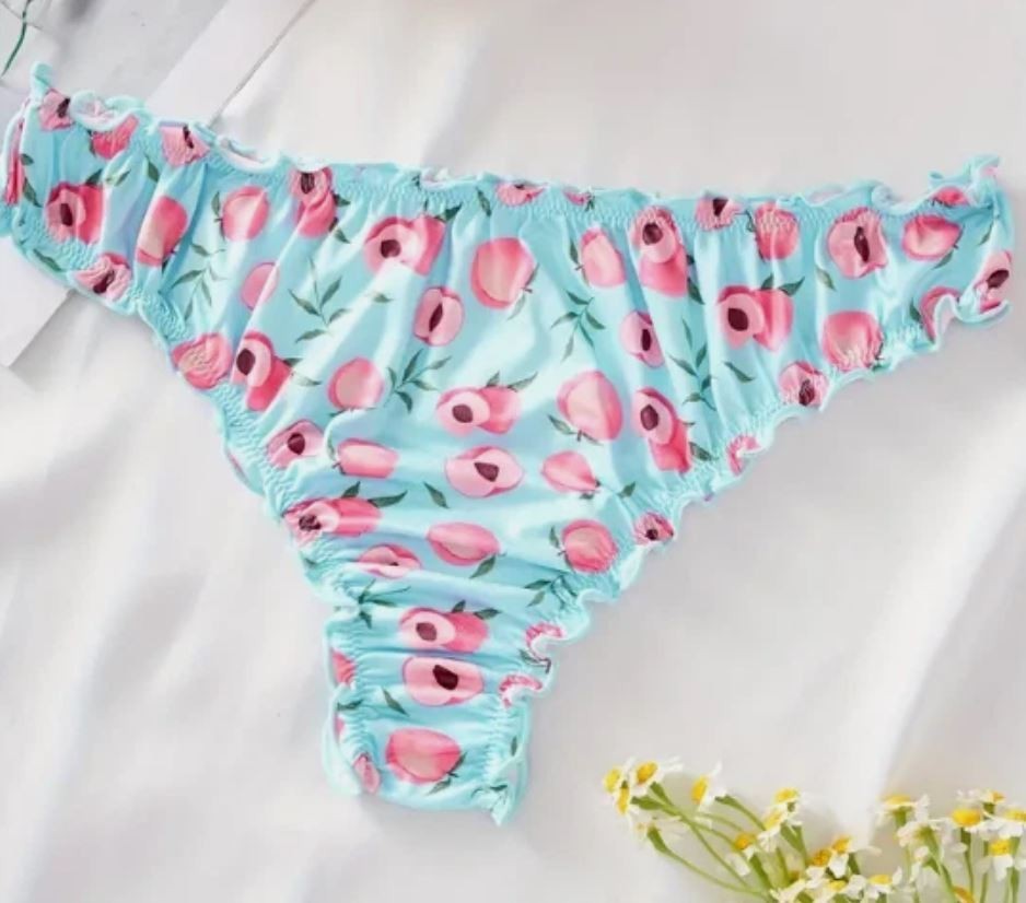 🍑 Peach Print Frilly soft satin Knickers Blue Ruffle silky panties size L 12-14