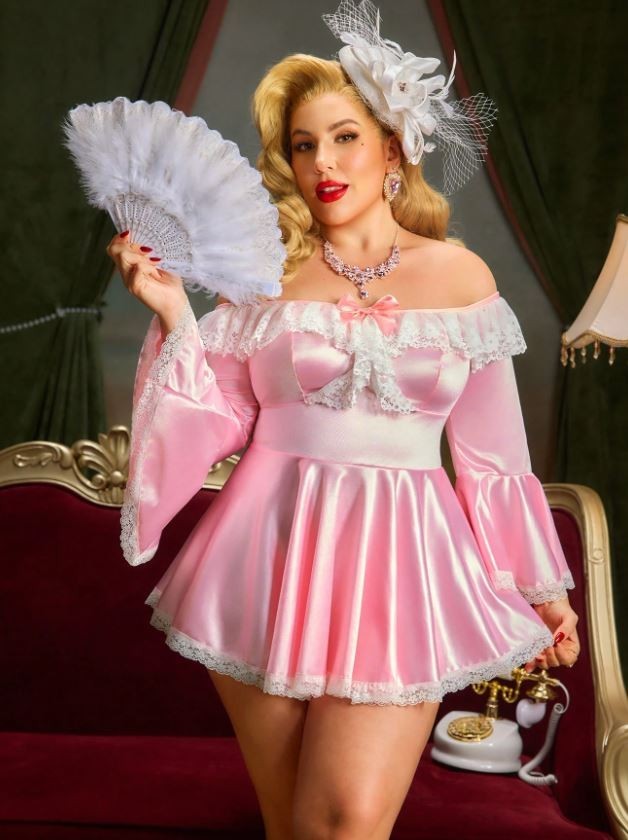 Pink Satin Lace Babydoll Nightie Off Shoulder Flare Sleeve cosplay Size 3XL 22