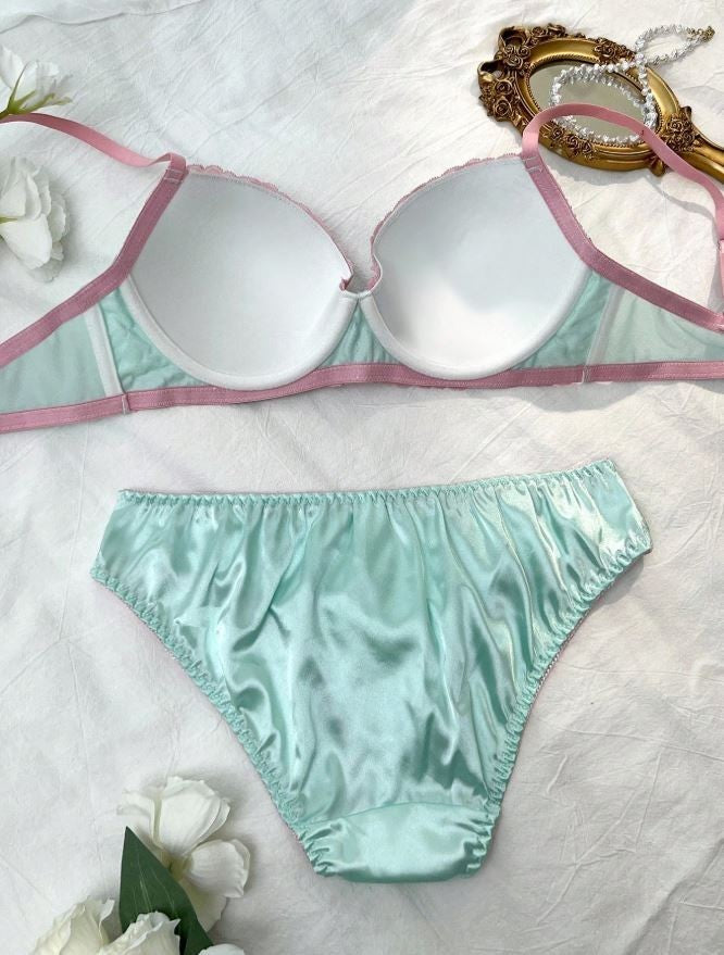 Women’s Mint Green Satin Bra & Knickers Set Pink Lace Trim Lingerie size M 10