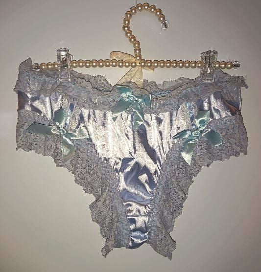💙 Blue Satin Lace Frilly Knickers with Bows soft silky feel sissy size S 8 🎀