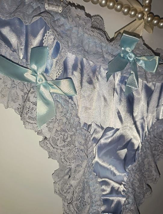 💙 Blue Satin Lace Frilly Knickers with Bows soft silky feel sissy size M 10 🎀