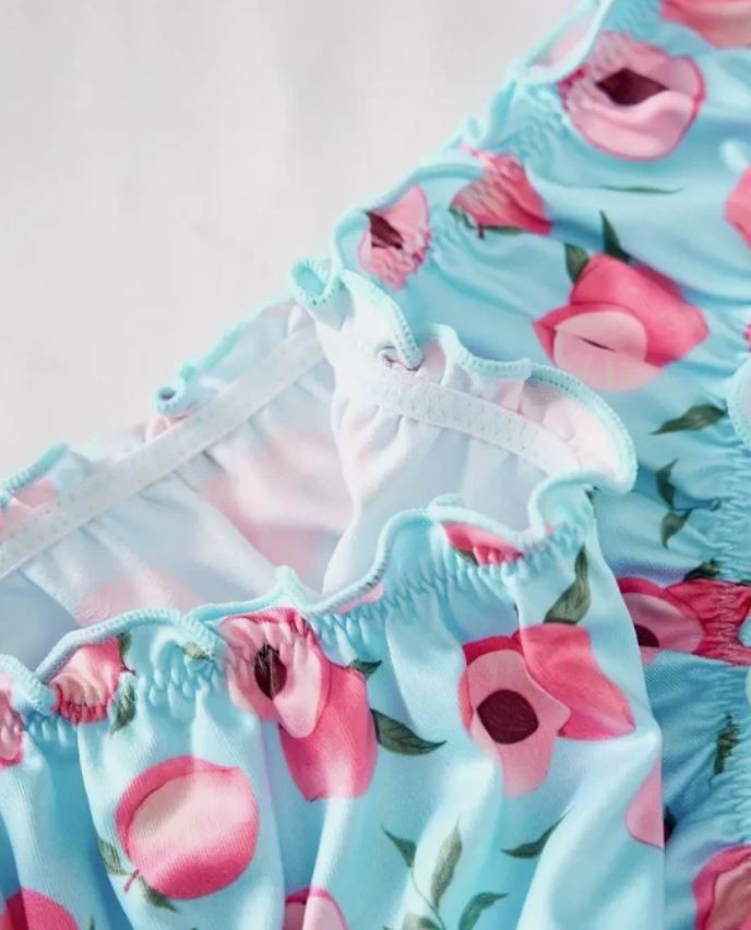 🍑 Peach Print Frilly soft satin Knickers Blue Ruffle silky panties size L 12-14