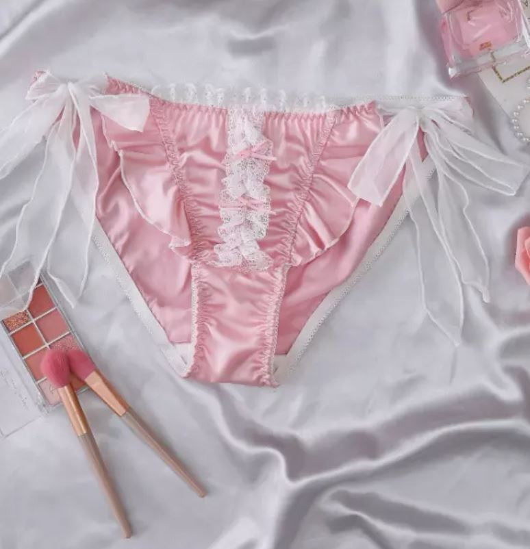 🎀 Pink Satin Lace Frill Knickers 💕 Side Tie Ruffle Lingerie Panties size 10 M