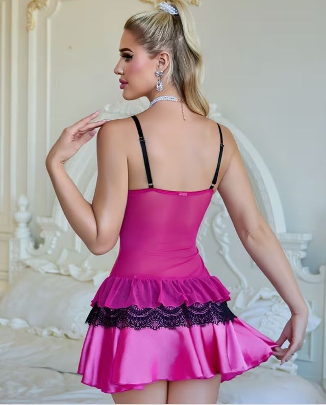 Pink Satin Babydoll Lingerie Lace Trim Chemise Nightdress 💋 silky size S UK 8