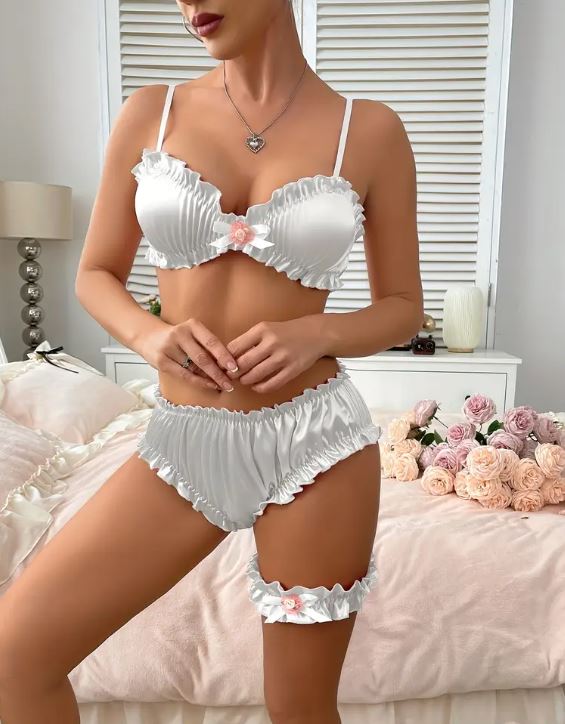Women's Satin Bra Knickers Set Ruffle Trim Cosplay Lingerie white size M UK 10