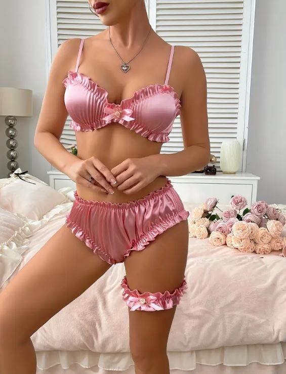 Women's Satin Bra Knickers Set Ruffle Trim Cosplay Lingerie pink size S UK 8