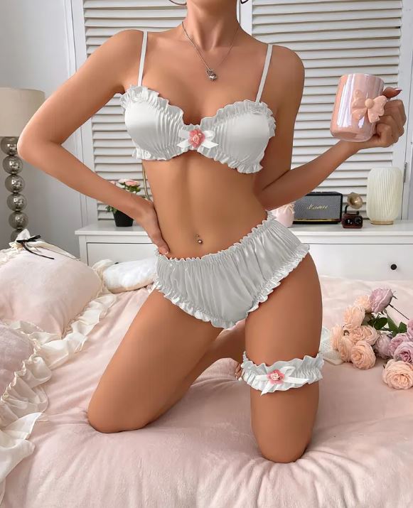 Women's Satin Bra Knickers Set Ruffle Trim Cosplay Lingerie white size L 12-14
